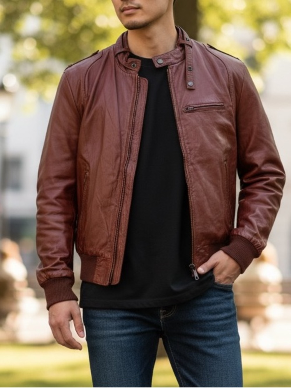 Wilsons Leather Men's Vintage Burgundy Oxblood Leather Bomber Jacket Size Large
